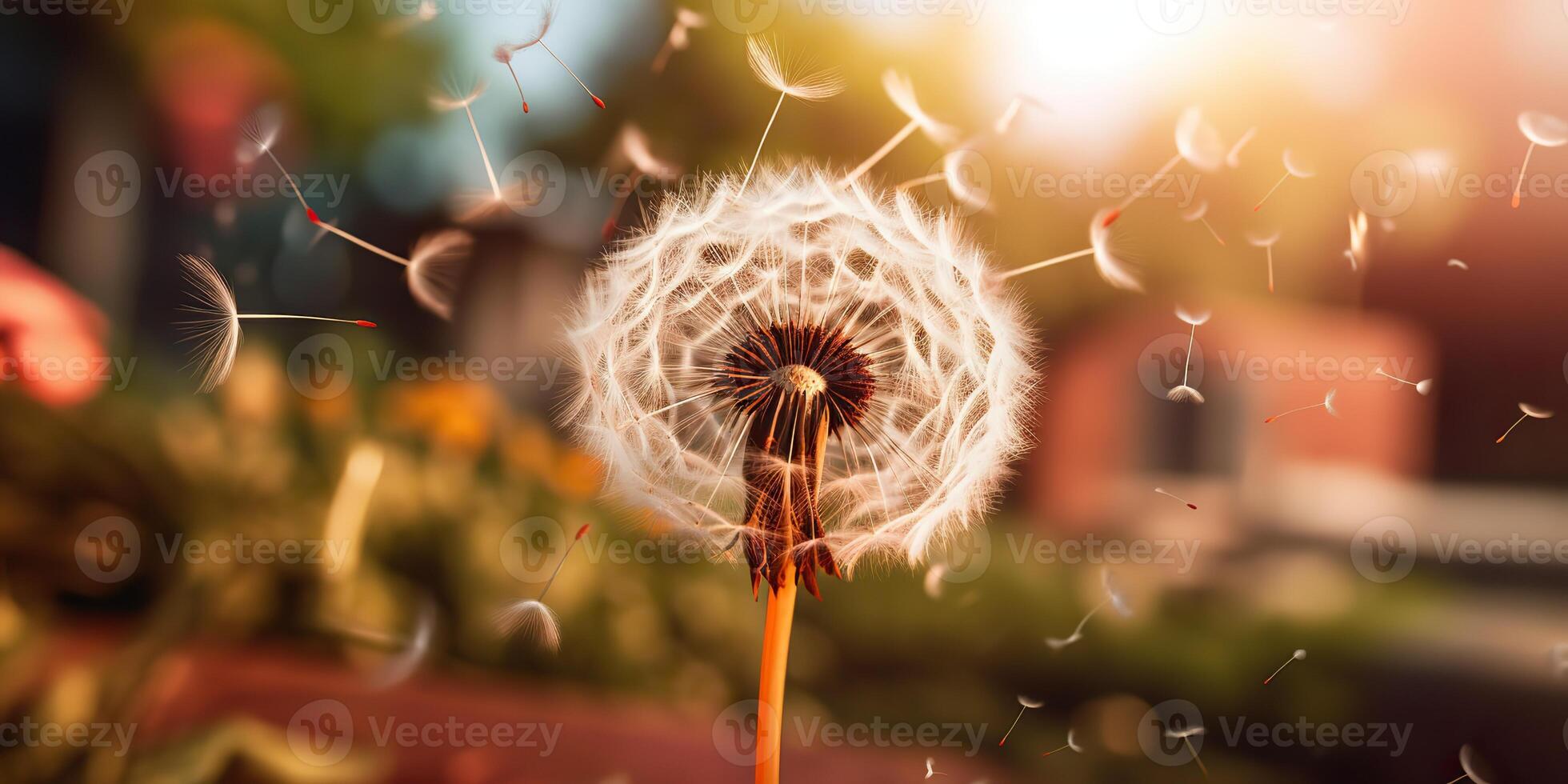 ai generiert. ai generativ. ausgesät Löwenzahn wild Blume auf Feld weht. Natur draussen Wildblume Abenteuer Ferien Landschaft. Grafik Kunst foto