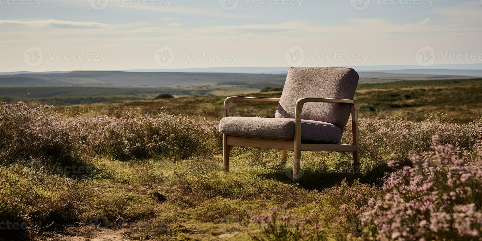 ai generiert. ai generativ. gemütlich hölzern Arm Stuhl gemütlich auf das Natur draussen wild Feld. Ferien entspannen Stimmung. Grafik Kunst foto