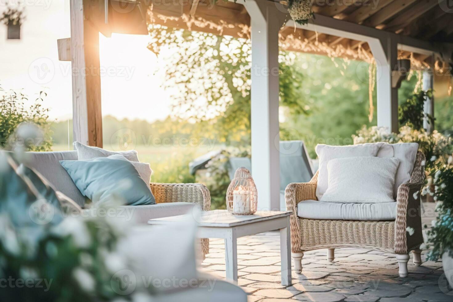 Hütte draussen Möbel und Landschaft Haus Terrasse und Terrasse Dekor, Garten Salon im Land Stil, generativ ai foto