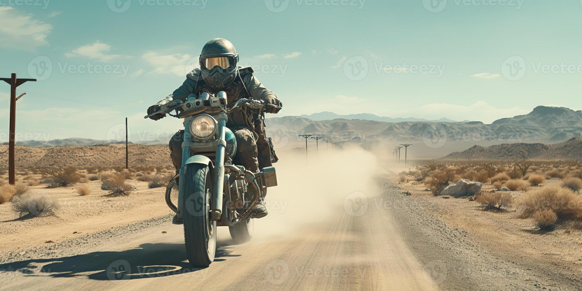 ai generiert. ai generativ. Wüste Sand Straße Berg Fahrrad Motorrad Kreuz futuristisch. Abenteuer Ausflug Straße Bewegung Stimmung. Grafik Kunst foto