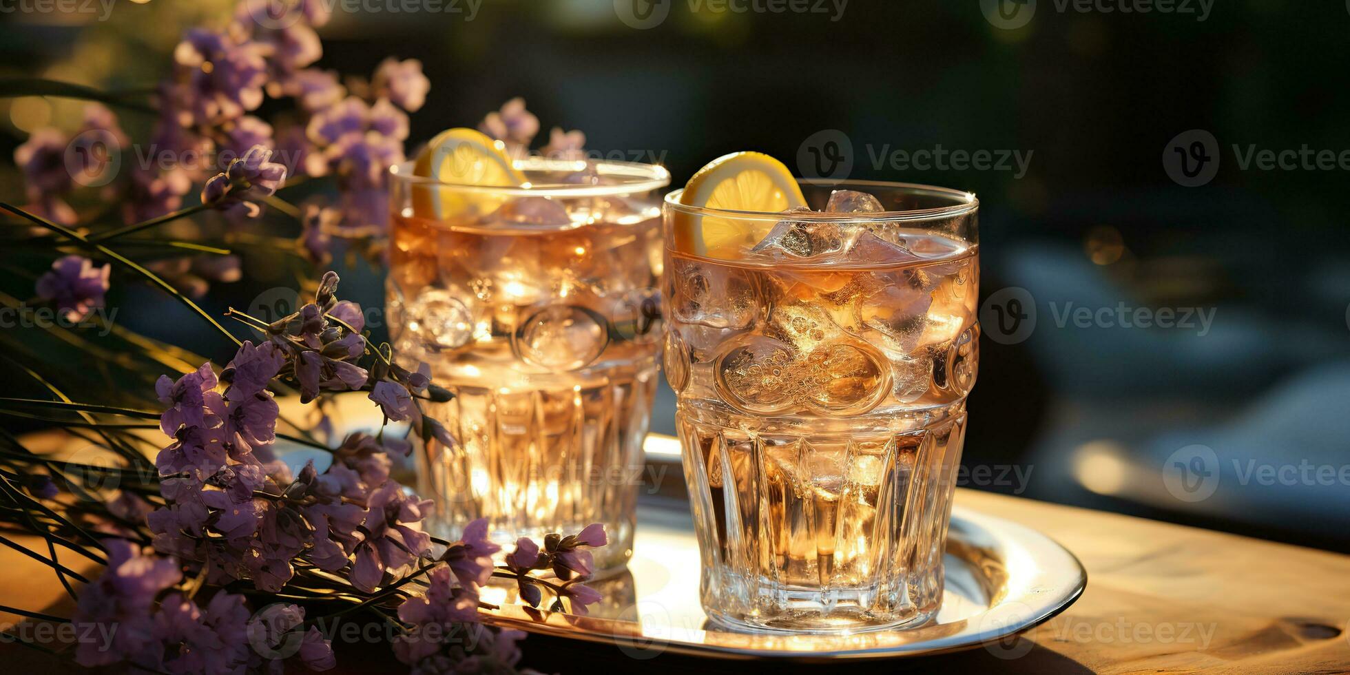 ai generiert. ai generativ. Lavendel Cocktails mit Pflanze Blume. Aktualisierung Getränk trinken im Glas auf Sonnenuntergang Abend auf Holz Tisch. Party Familie Stimmung. Grafik Kunst foto