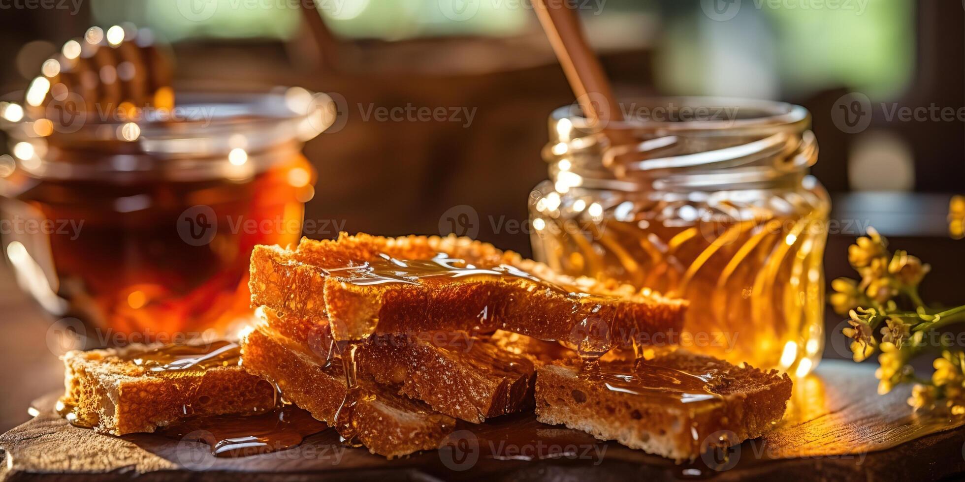 ai generiert. ai generativ. Honig Bienenwabe Wüste mit hölzern Stock und Glas. gesund Zucker Wüste. Grafik Kunst foto