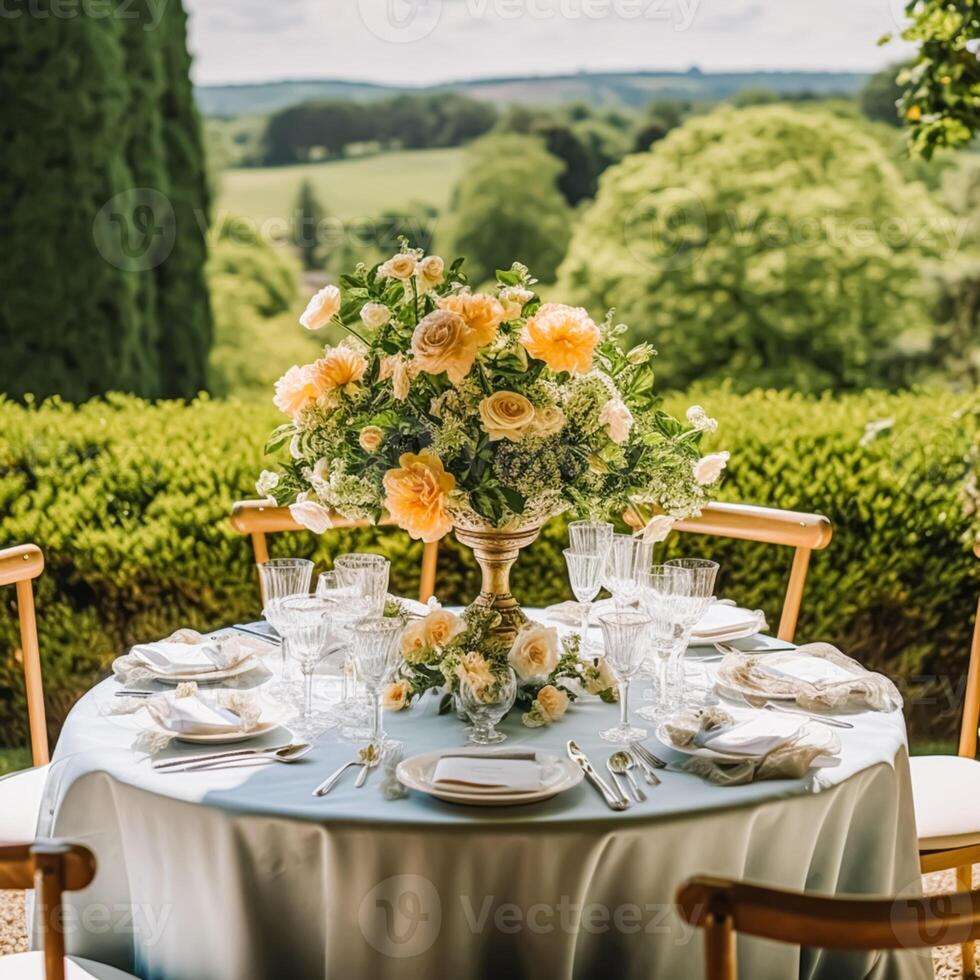 Urlaub Tischlandschaft, formal Abendessen Tabelle Einstellung, Pfingstrose Blumen Tabelle scape mit Pfingstrosen Dekoration zum Hochzeit Party und Veranstaltung Feier, generativ ai foto