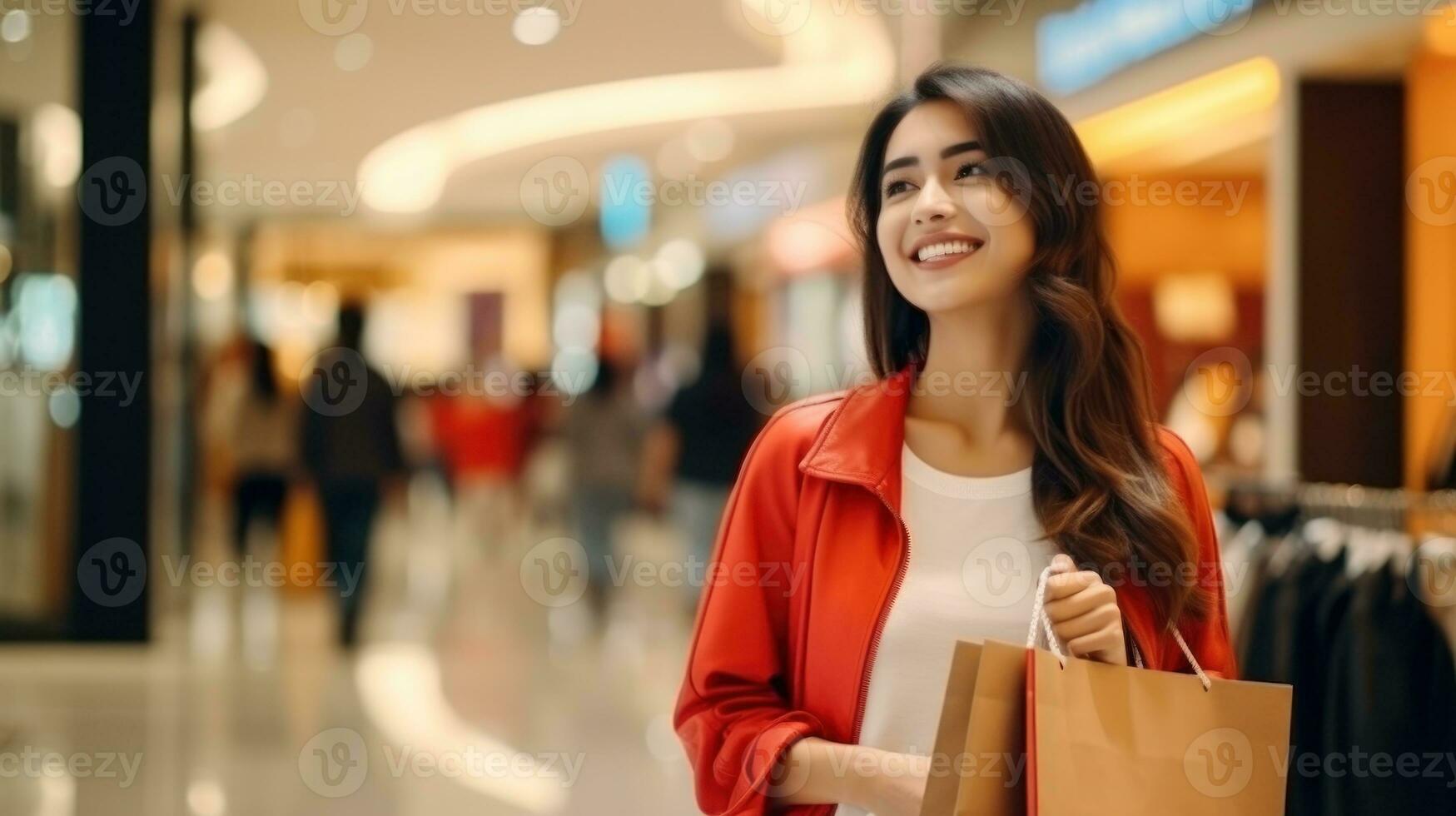 glücklich Frau mit bunt Einkaufen Taschen foto