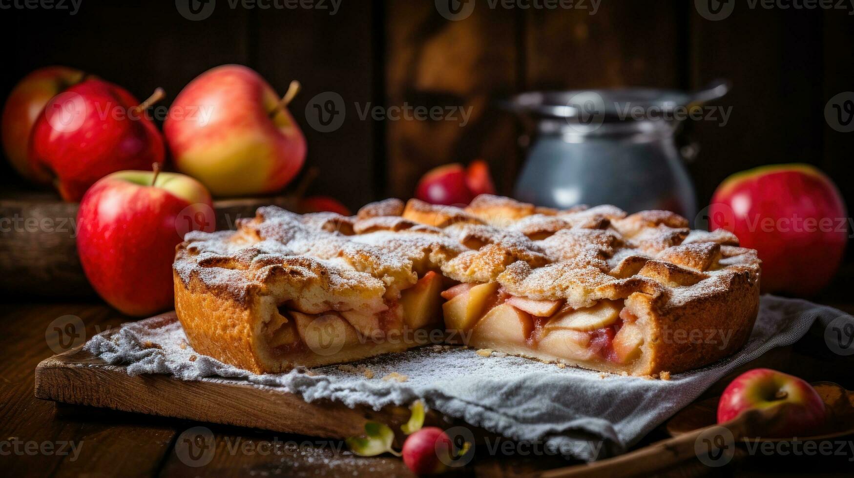 Apfel Kuchen im rustikal Hintergrund foto