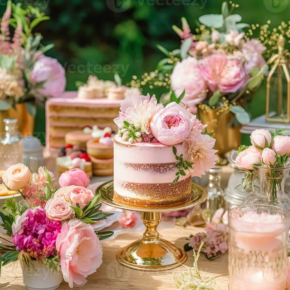 Hochzeit Buffet Tisch, Veranstaltung Dessert Essen Gastronomie zum Hochzeit, Party und Urlaub Feier, Kuchen, Süßigkeiten und Nachspeisen im ein Land Garten, generativ ai foto