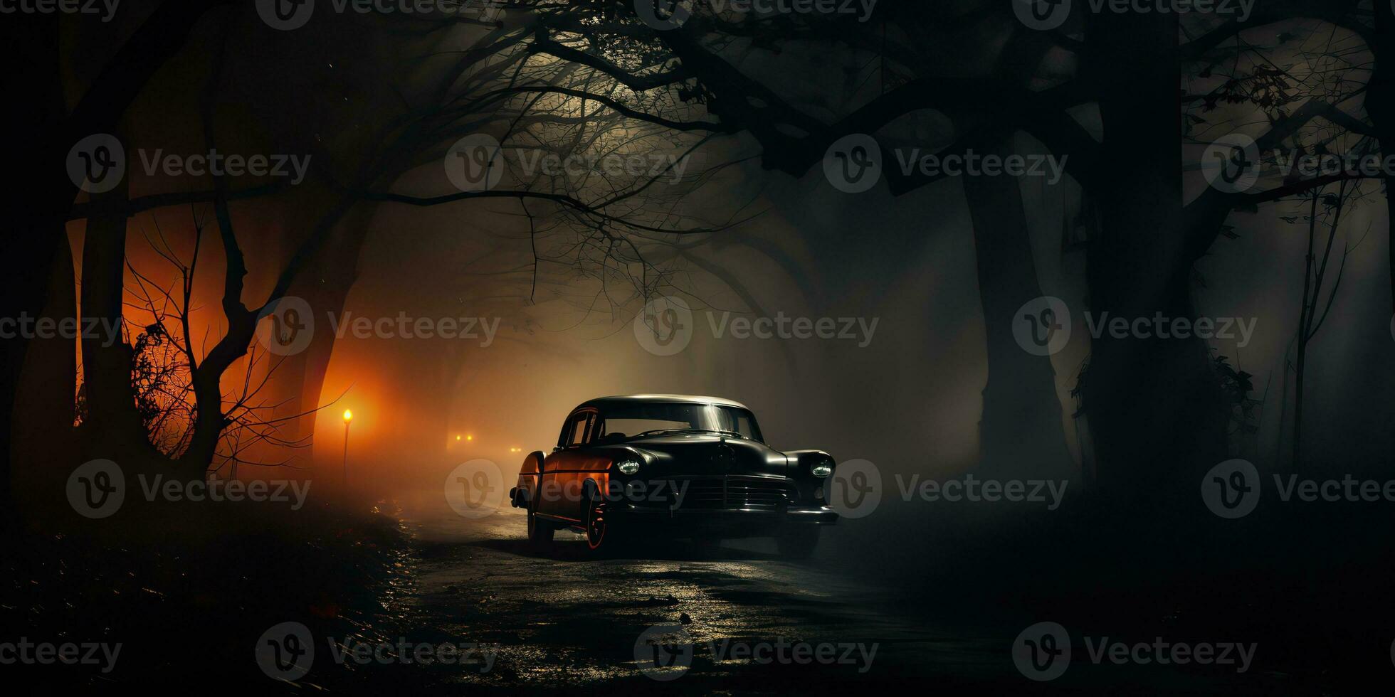 ai generiert. ai generativ. Jahrgang retro klassisch Auto auf Straße Nebel Nebel Wald Baum Natur draussen dunkel gotisch unheimlich Halloween Stimmung. Grafik Kunst foto