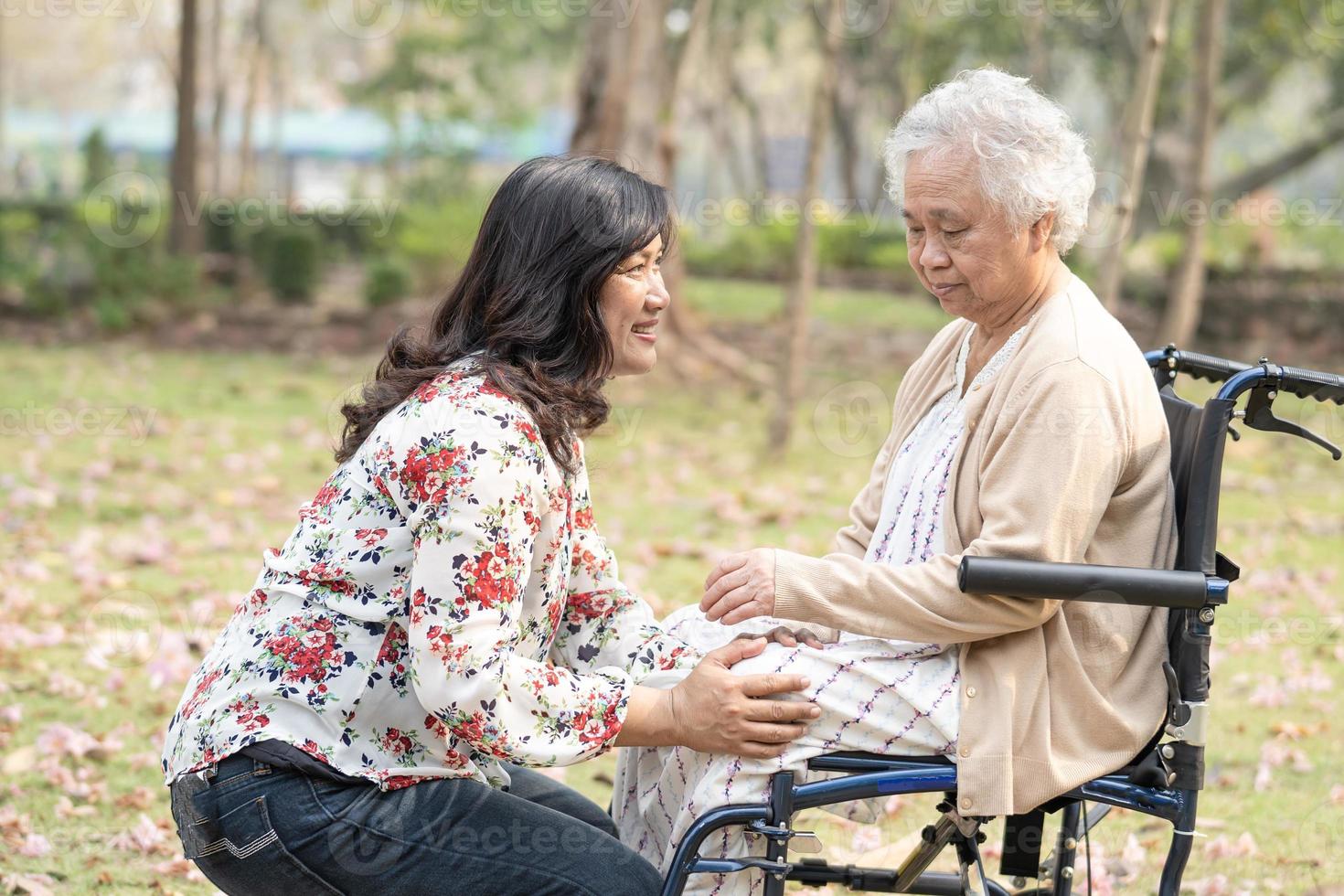 asiatische senior oder ältere alte damenpatientin mit pflege, hilfe und unterstützung glücklich auf rollstuhl im park im urlaub, gesundes starkes medizinisches konzept. foto