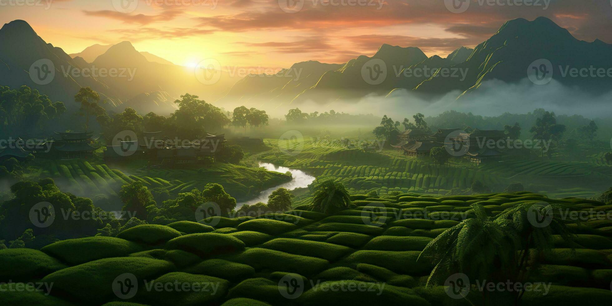 ai generiert. ai generativ. draussen Natur Tee Plantage Landschaft Hintergrund. Grün Asien wild Feld Ferien Abenteuer Berg Stimmung. Grafik Kunst foto