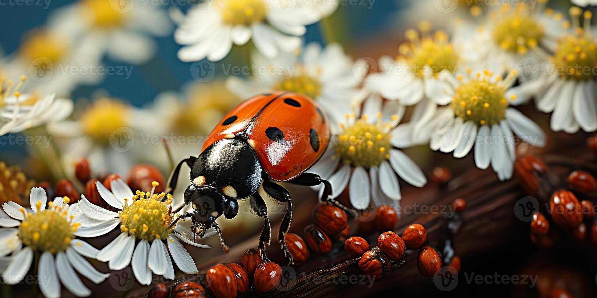 ai generiert. ai generativ. Marienkäfer Marienkäfer auf Saisies Feld. Insekt Natur draussen Landschaft Hintergrund Blume Blatt und Insekt. Grafik Kunst foto