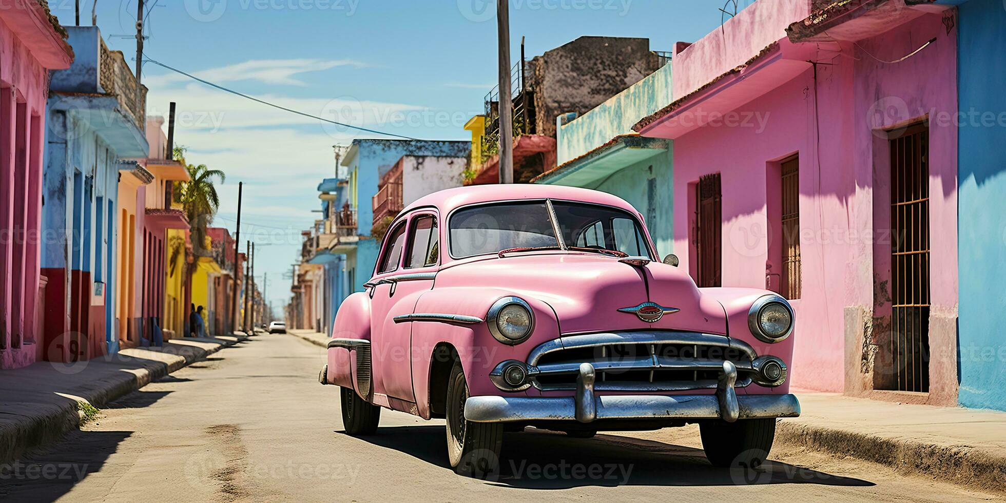 ai generiert. ai generativ. klassisch Jahrgang retro Rosa Cadillac beim Kuba Latein tropisch exotisch Landschaft. Abenteuer Ferien Caribiam Palme Bäume sonnig Straße Stimmung. Grafik Kunst foto