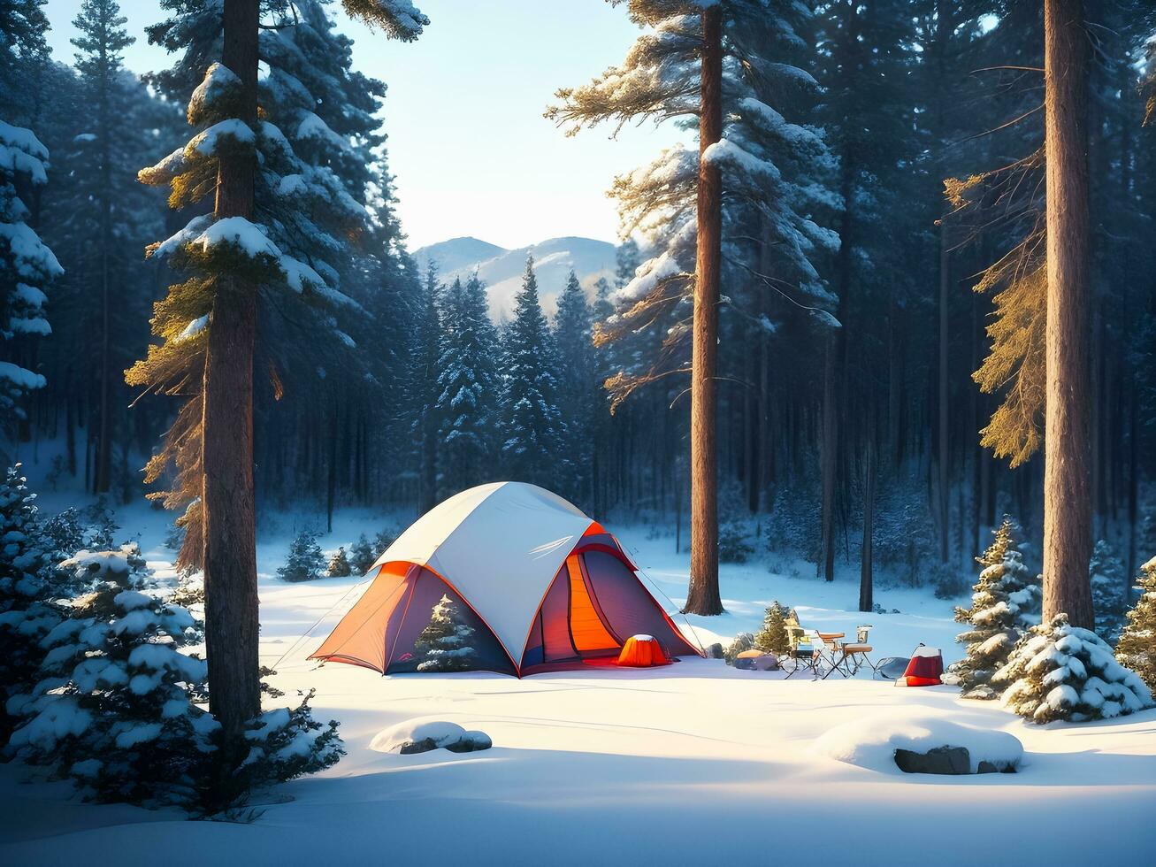Natur Ausflug Camping im ein Kiefer Wald im Winter .generativ ai foto