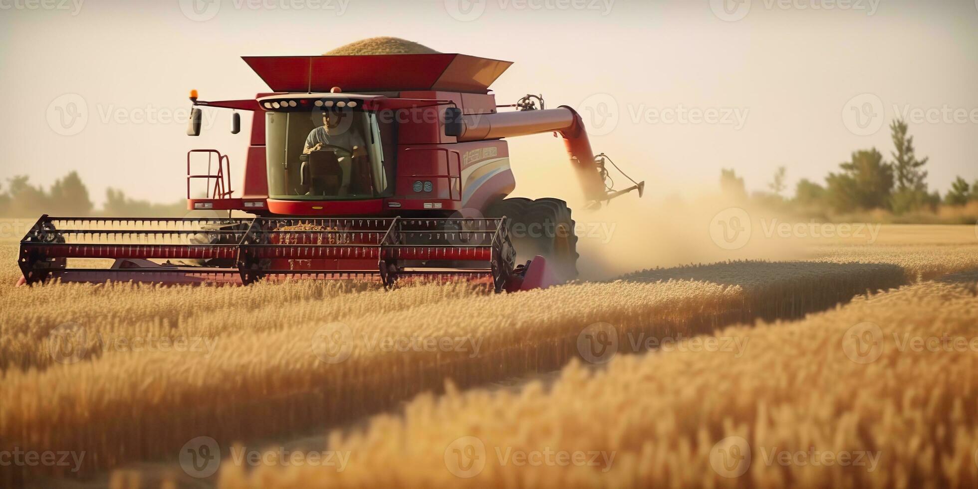 ai generiert. ai generativ. Ernte Maschine kombinieren Traktor beim Herbst Sommer- Sonnenuntergang sonnig Weizen Feld. Bauernhof draussen Öko Lebensstil. Grafik Kunst foto