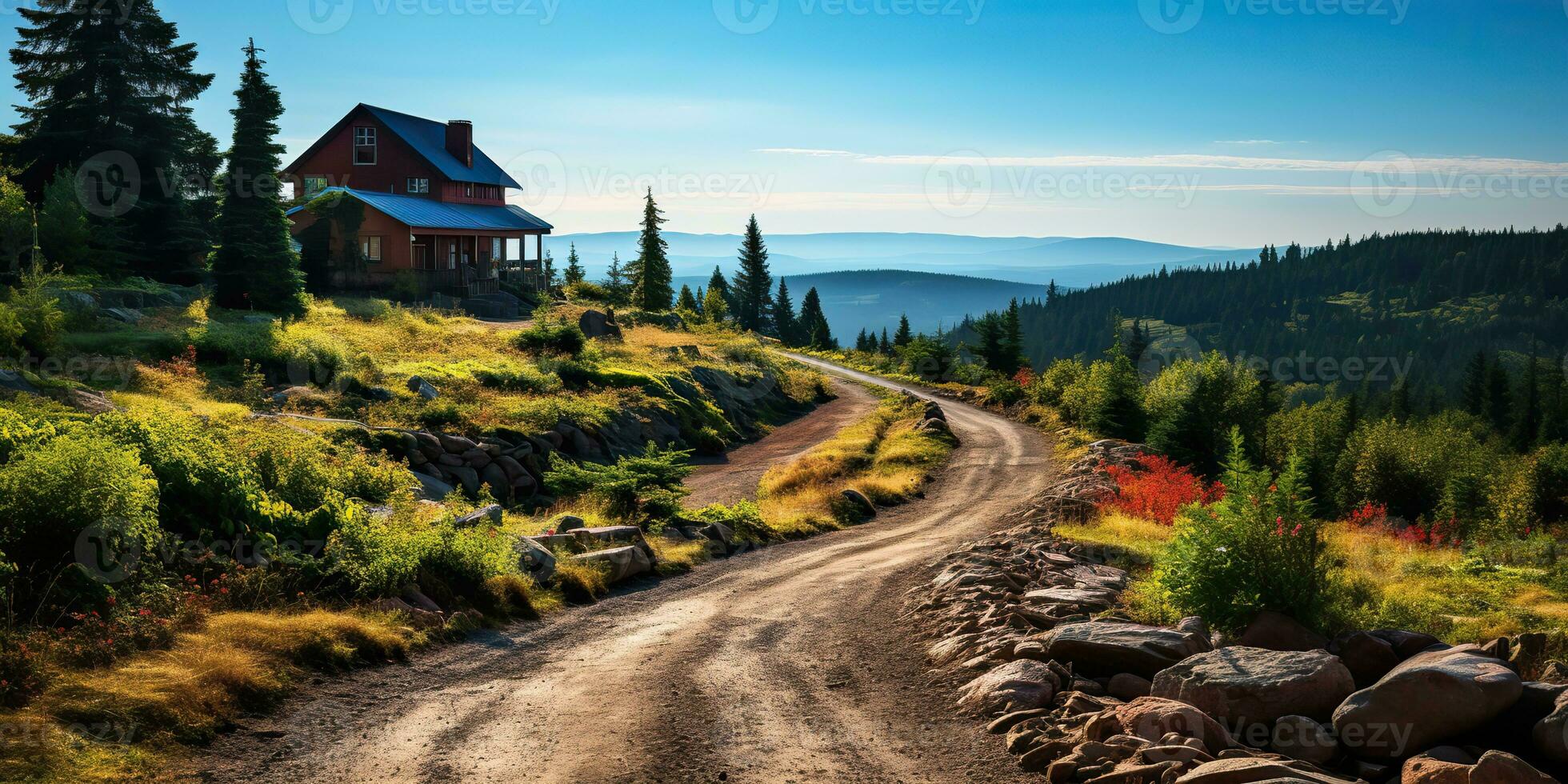 ai generiert. ai generativ. Abenteuer draussen Natur Ferien wild Kies Straße zu das Holz Haus Hotel. Landschaft Bauernhof Stimmung. Grafik Kunst foto