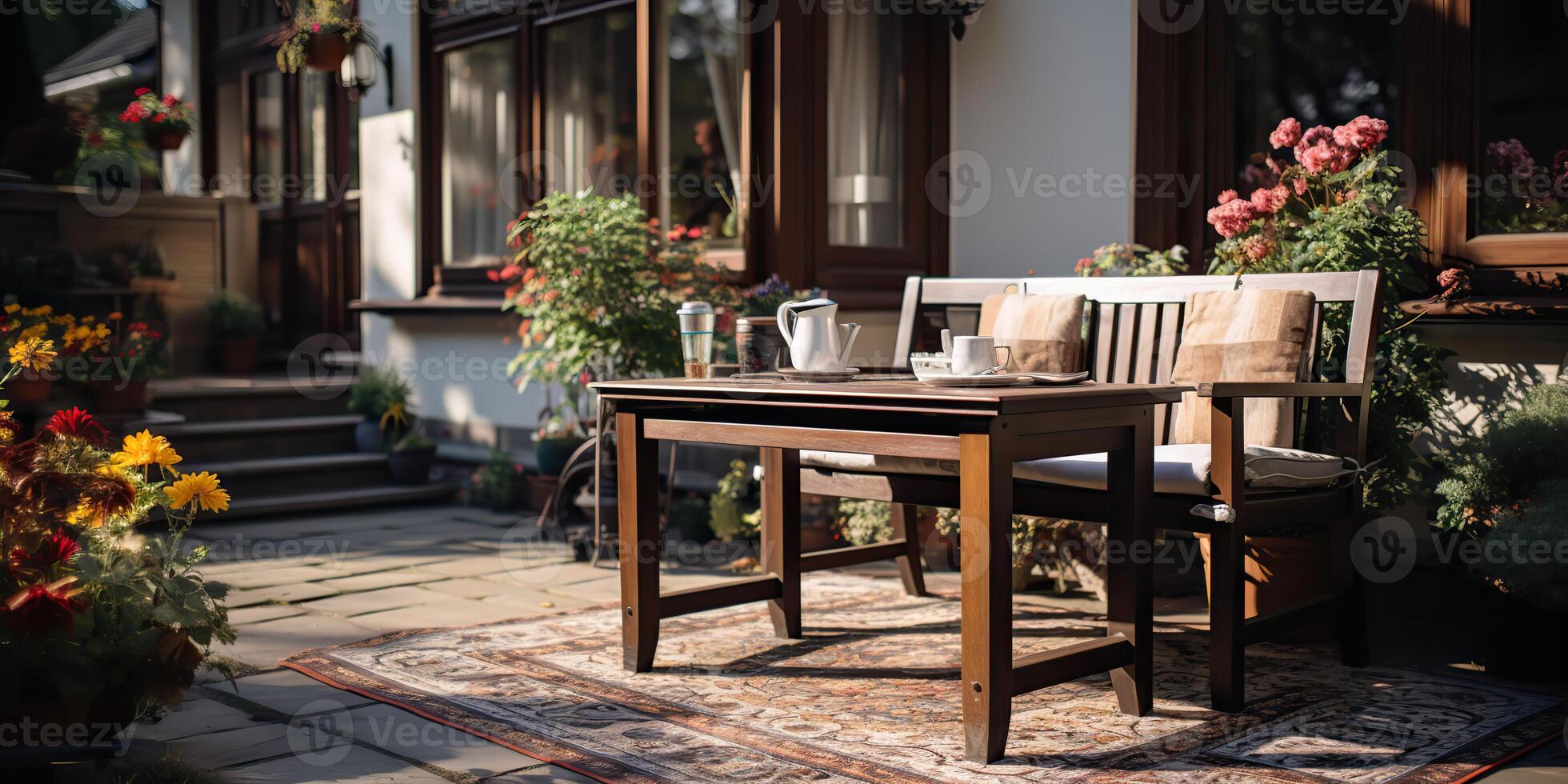 ai generiert. ai generativ. Haus draussen Natur Terrasse Garten mit Fußabtreter Tabelle Stuhl und Pflanzen. gemütlich Zuhause die Architektur entspannen Stimmung. Grafik Kunst foto