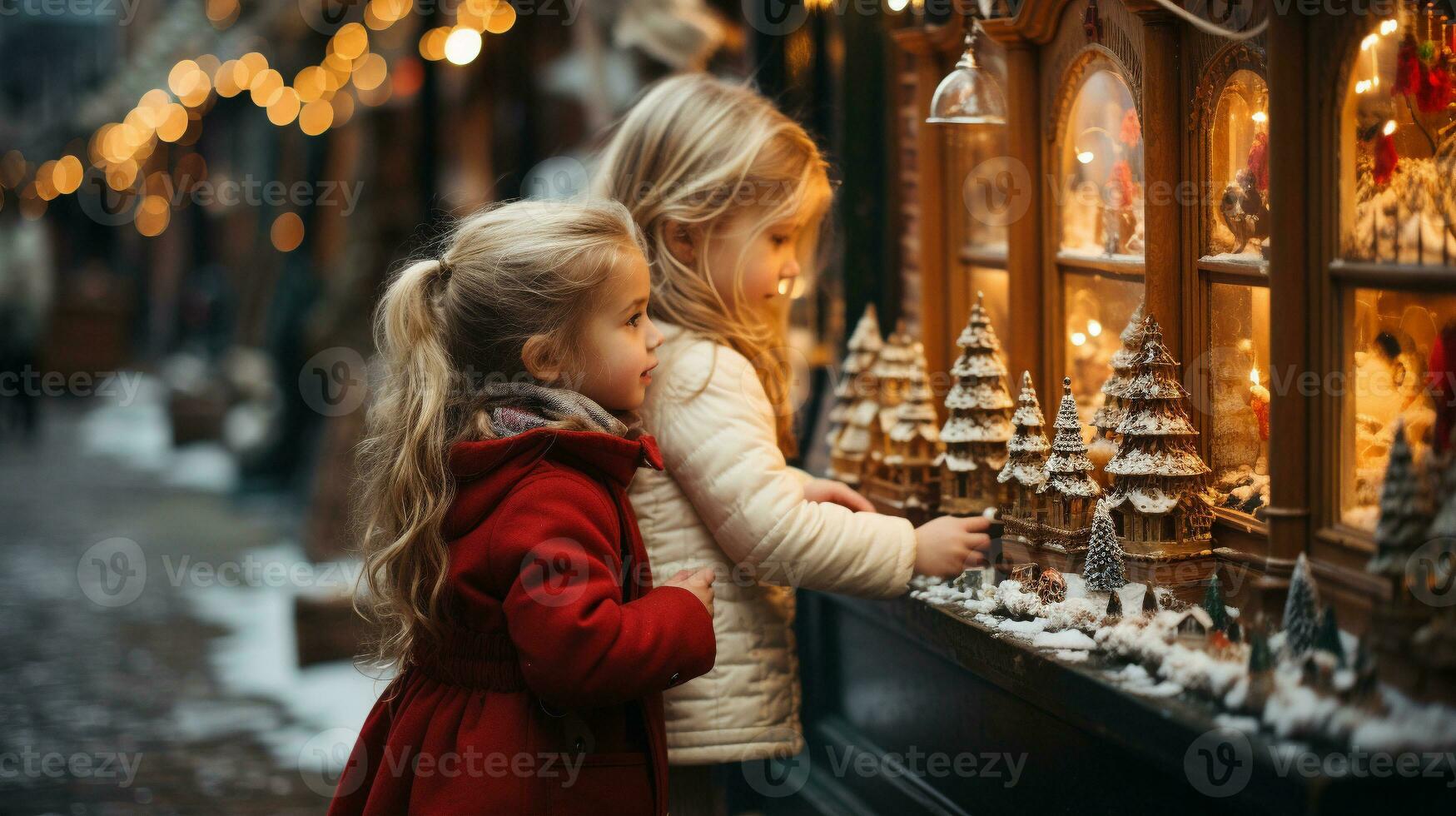 jung Kinder genießen das Weihnachten Dekorationen und Spielzeuge im das Dorf Geschäft Fenster zusammen- generativ ai. foto