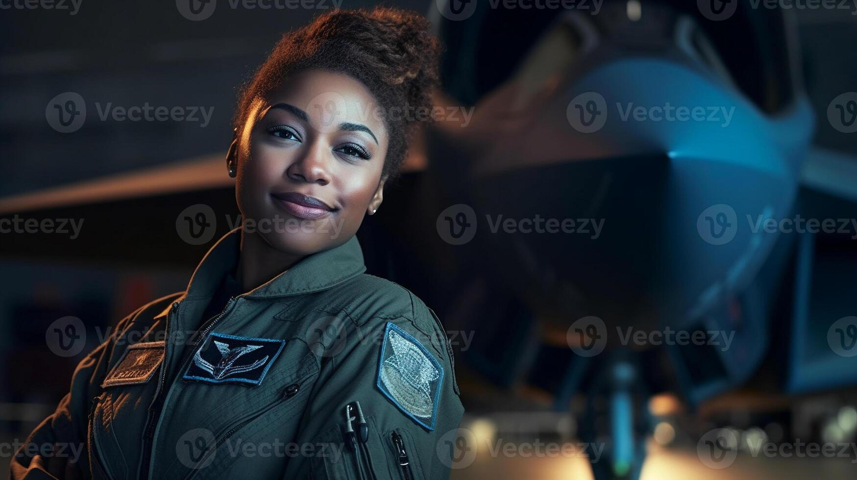 stolz afrikanisch amerikanisch weiblich Luft Macht Kämpfer Pilot Stehen im Vorderseite von ihr f35 - - generativ ai. foto
