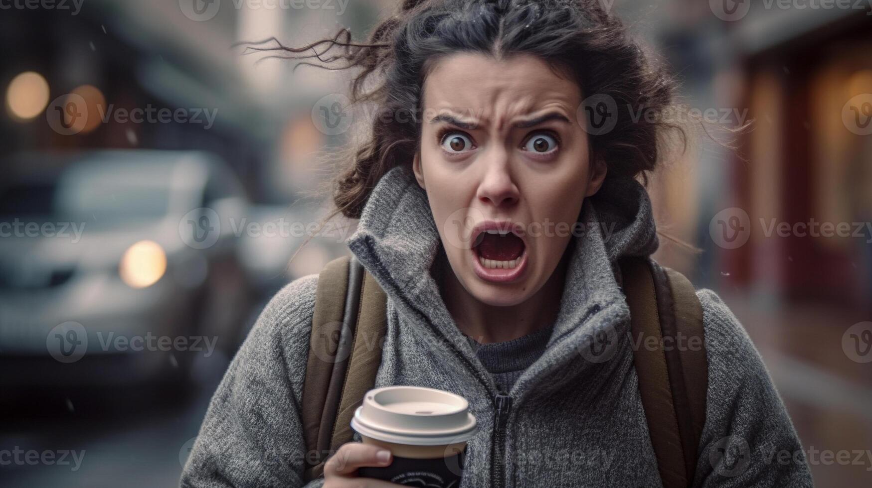 erfreut überrascht, schockiert oder entsetzt jung Erwachsene weiblich halten ihr Kaffeegenussvoll überrascht oder entsetzt jung Erwachsene weiblich halten ihr Kaffee Tasse und Gehen draußen - - generativ ai. foto