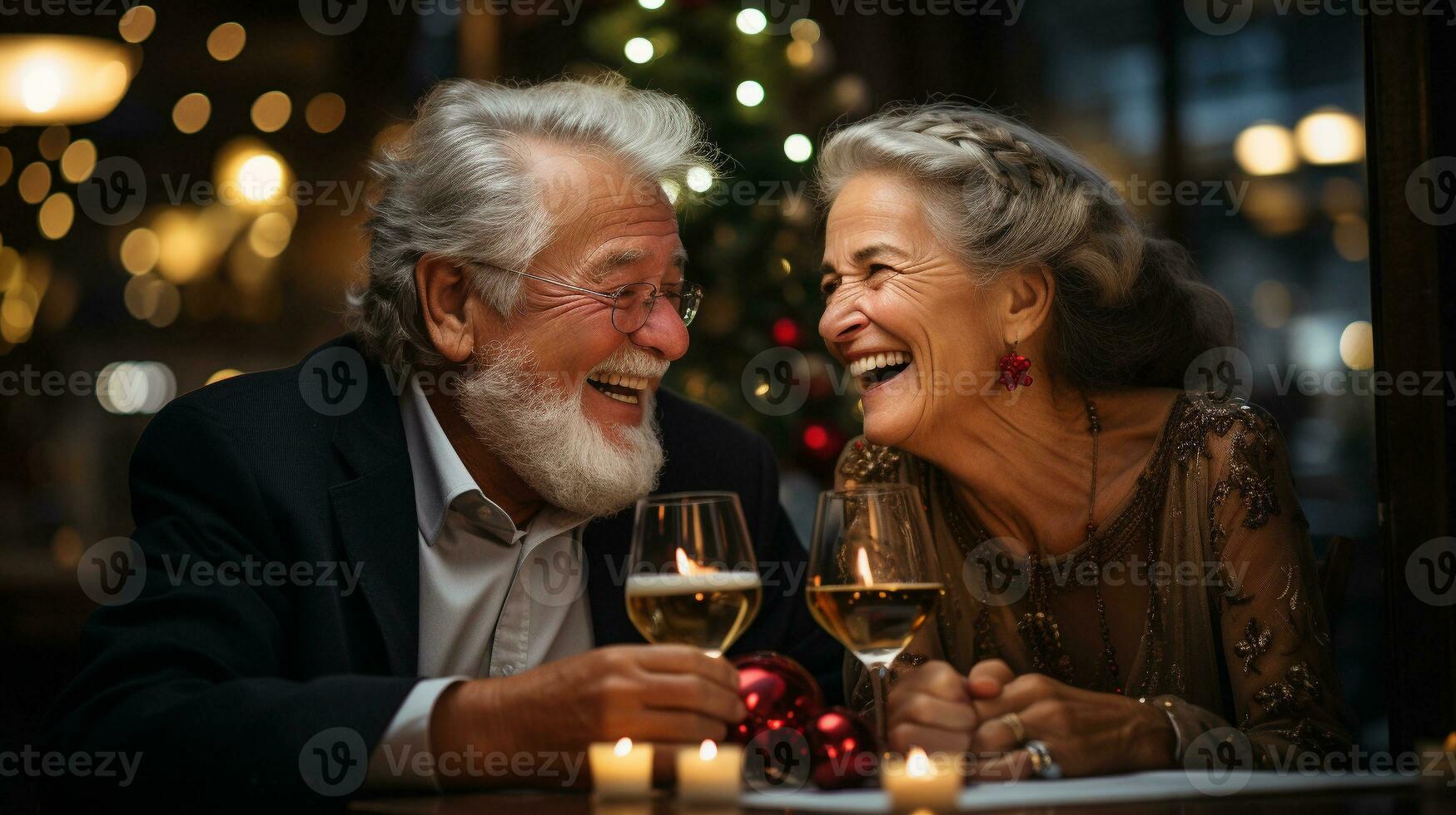glücklich Senior Erwachsene Paar genießen ein Urlaub Glas von Wein zusammen aus auf das Stadt, Dorf - - generativ ai. foto
