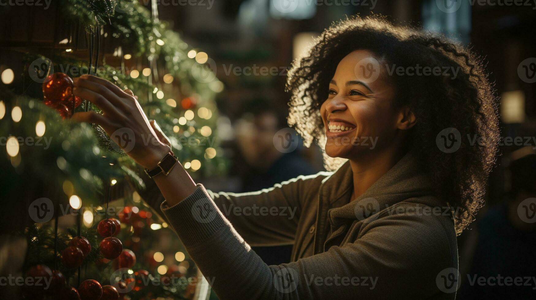 glücklich jung afrikanisch amerikanisch Erwachsene Frau dekorieren das Weihnachten Baum - - generativ ai. foto