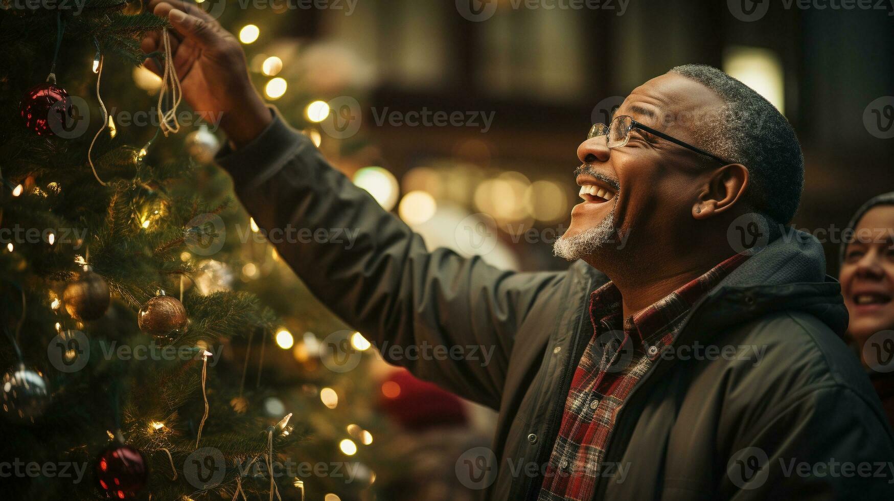 glücklich Senior Erwachsene afrikanisch amerikanisch Mann dekorieren das Weihnachten Baum - - generativ ai. foto