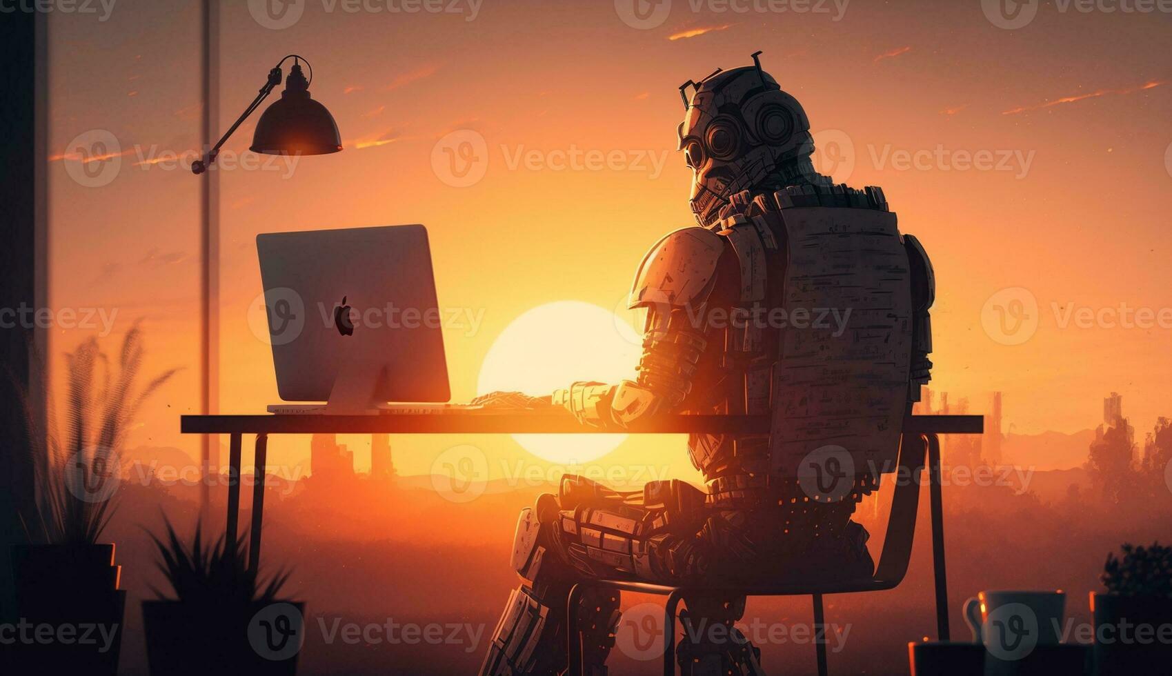 ai generiert modern Roboter Sitzung im ein Büro und Arbeiten auf ein Laptop während Sonnenuntergang foto