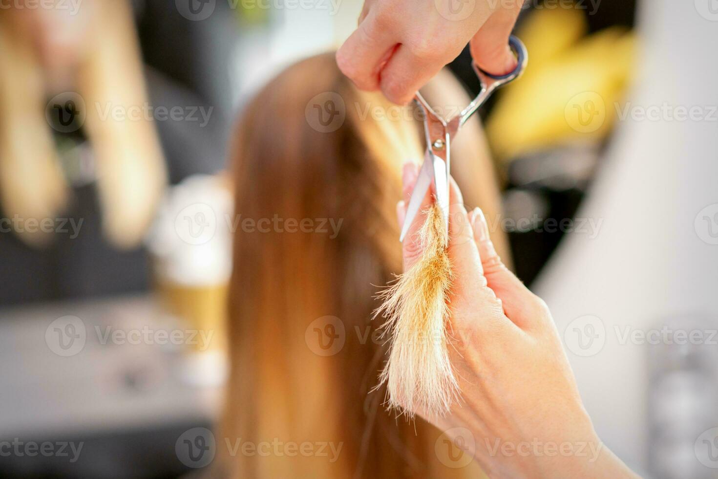 das Friseur schneidet das endet von weiblich Haar mit Schere. Konzept von Schönheit Salon Dienstleistungen. schneidet Haar Tipps. foto