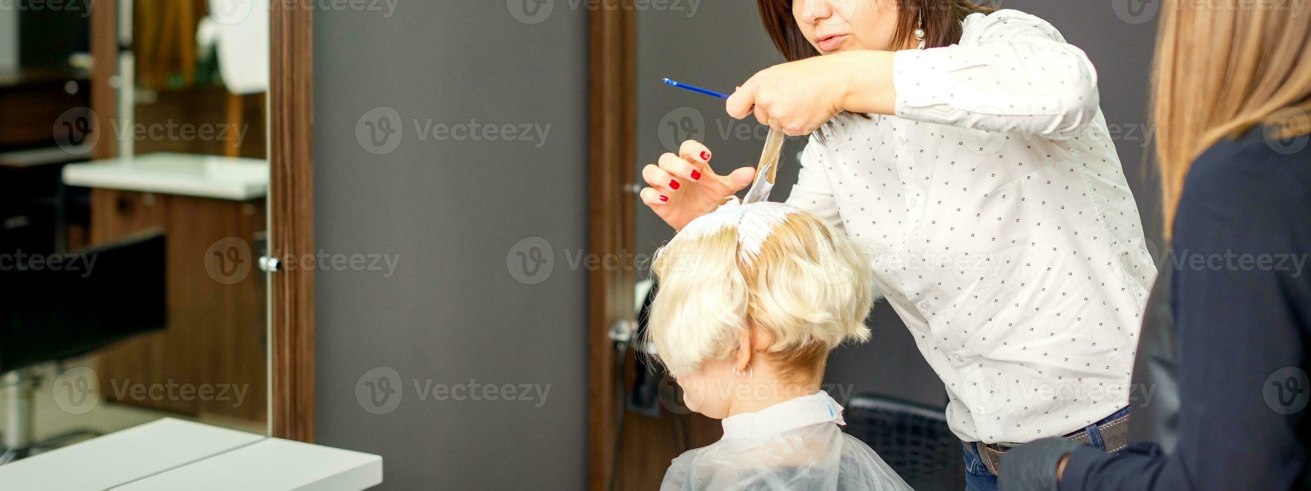 das Fachmann Friseur ist Färberei das Haar von ihr weiblich Klient im ein Schönheit Salon. foto