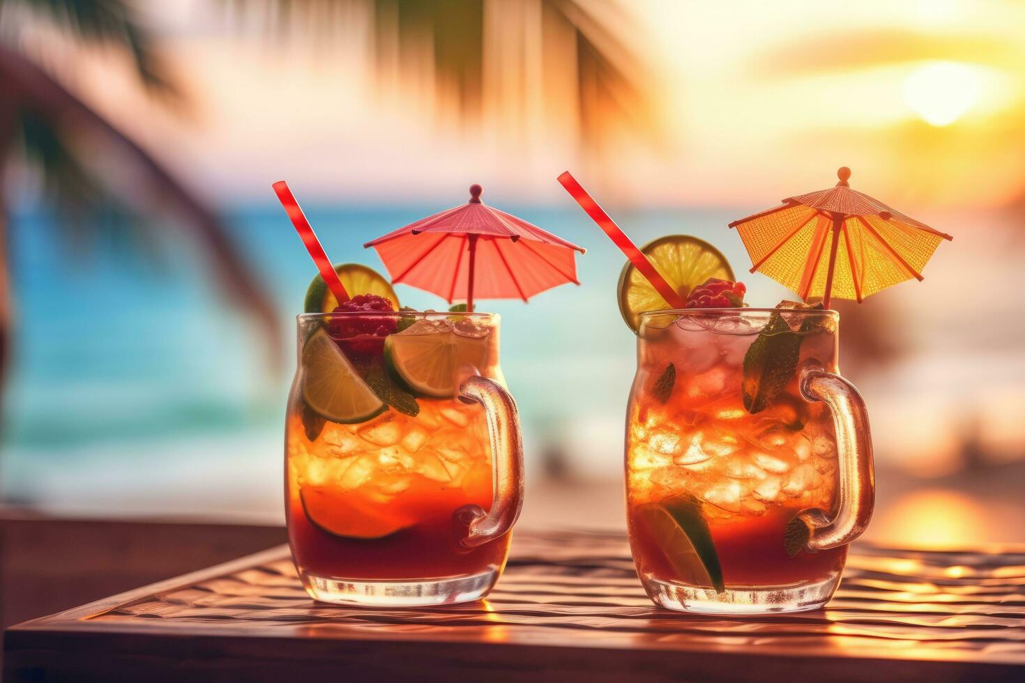 Sommer- Cocktails auf Luxus tropisch Strand Resort auf das Sonnenuntergang. ai generativ foto