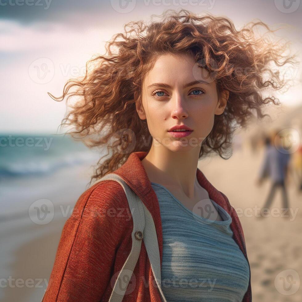 Frau auf das Strand. generativ ai foto