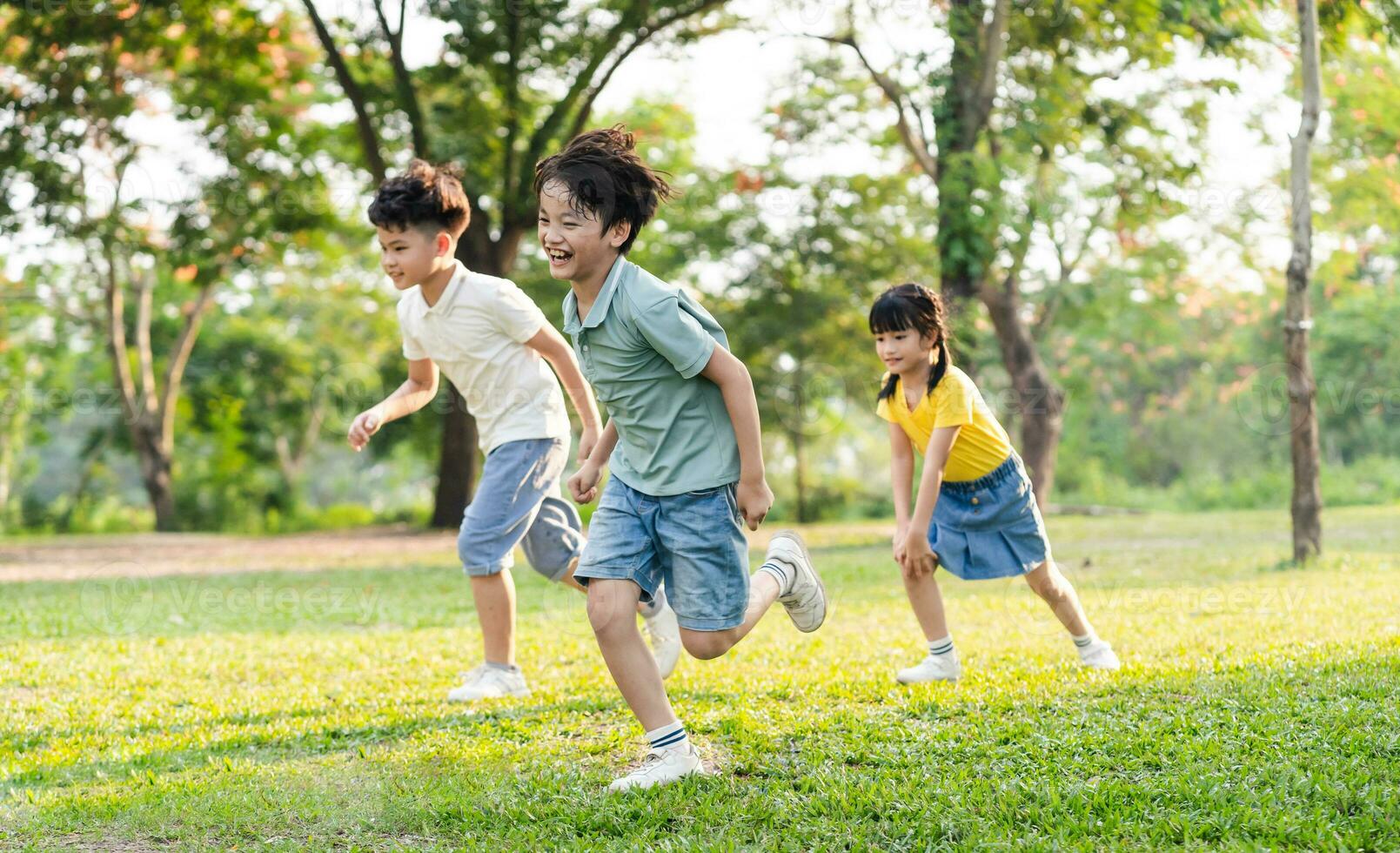 Gruppe Bild von asiatisch Kinder haben Spaß im das Park foto