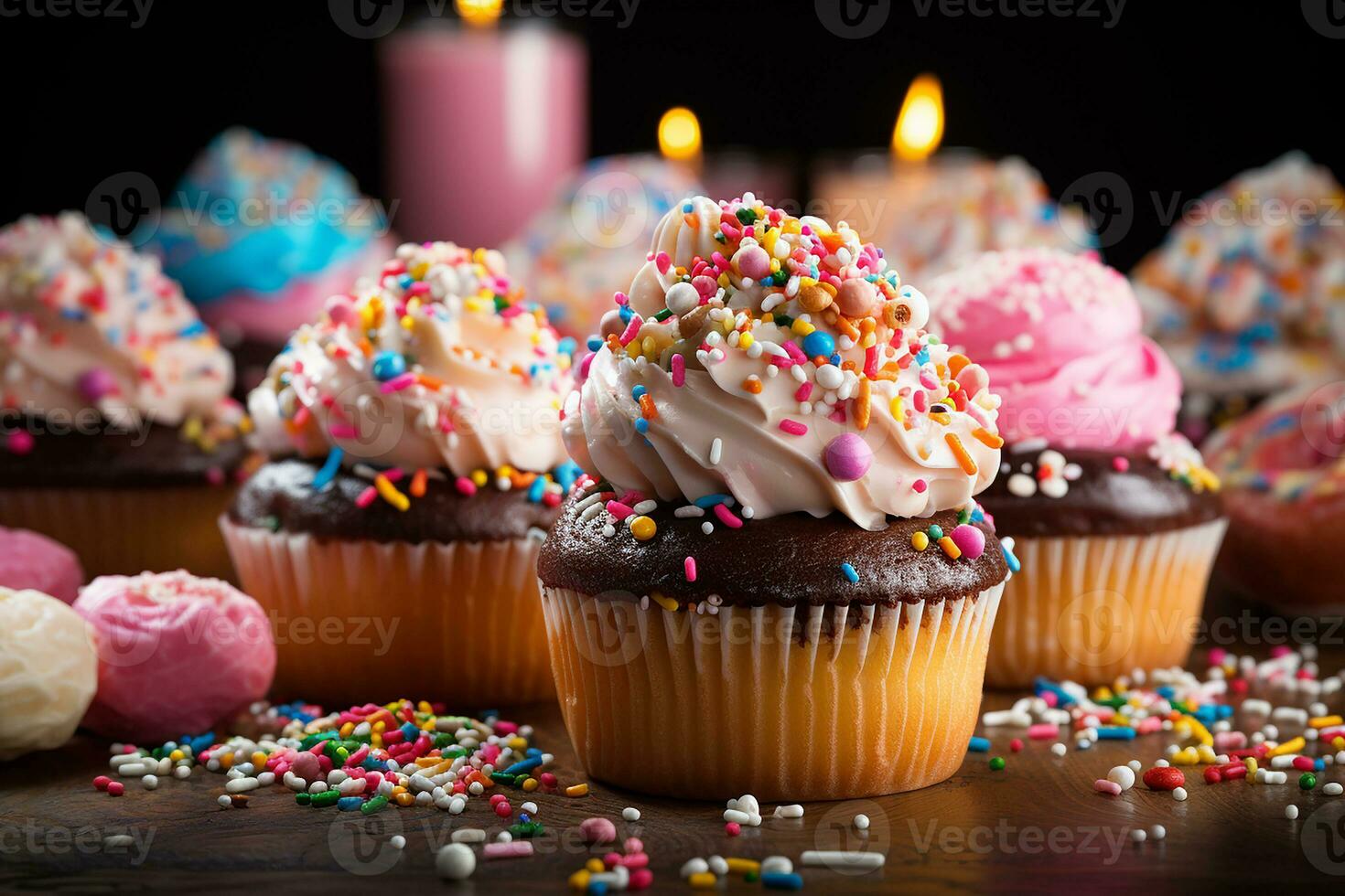 köstlich Dessert Cupcakes mit Sahne Belag und streuen von meses und Süßigkeiten auf hölzern Tabelle foto