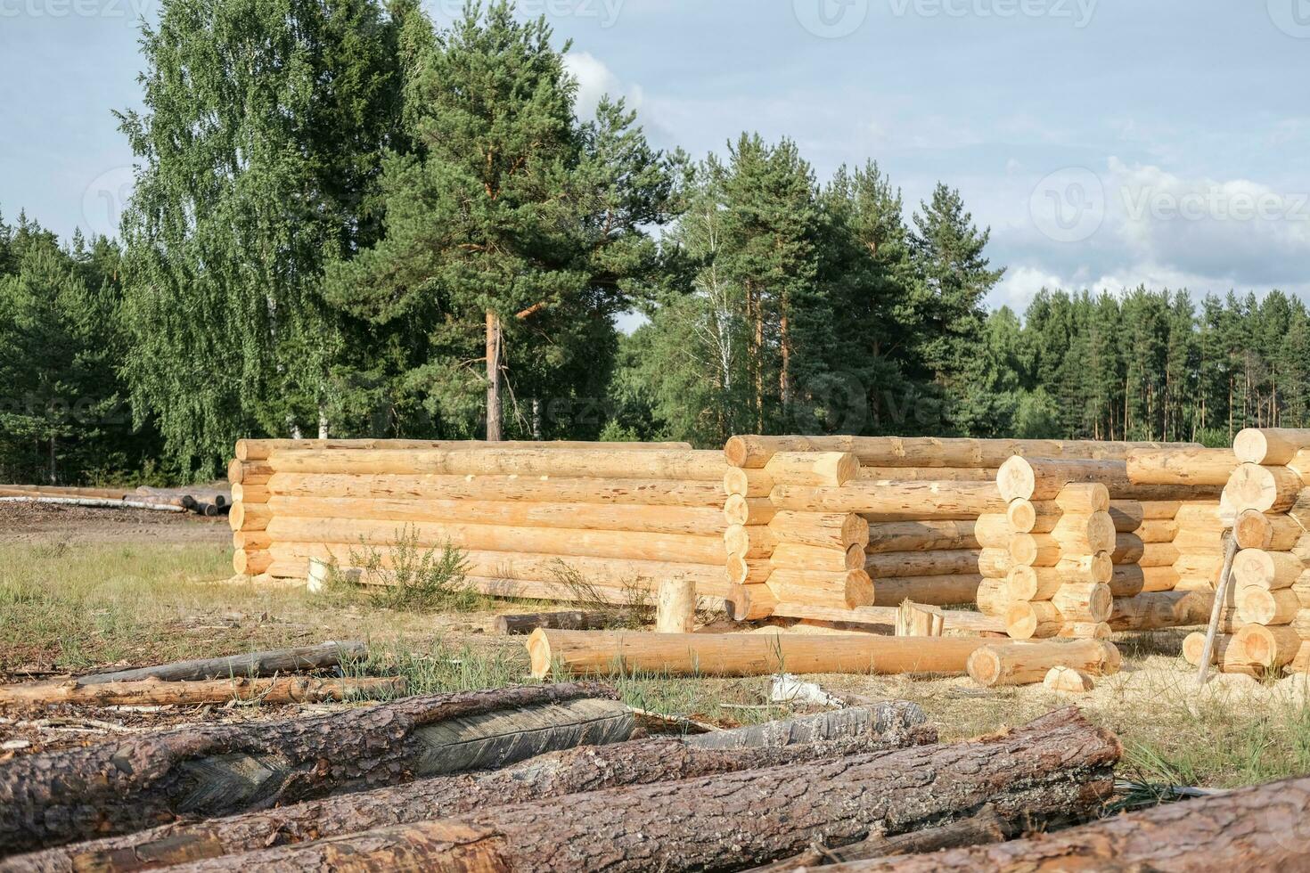 hölzern ein Log Häuser unter Konstruktion mit Gebäude Materialien Lügen in der Nähe foto