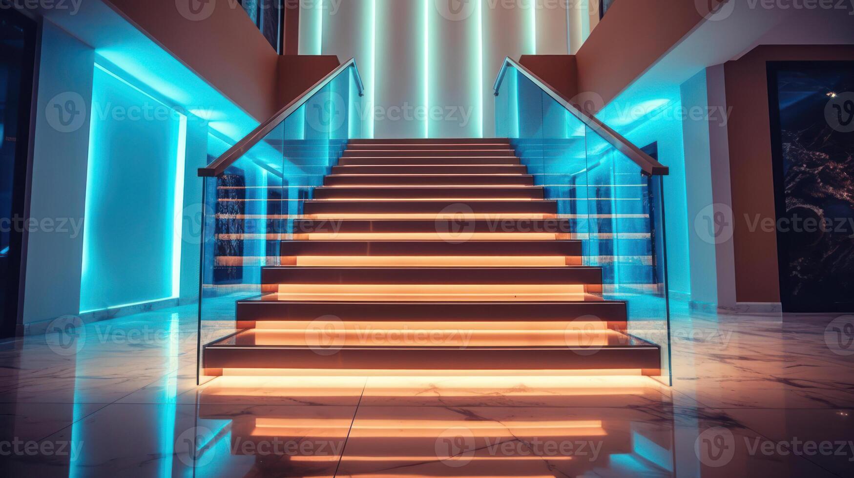 Treppe mit LED Beleuchtung im ein modern Innere. ai generiert. foto