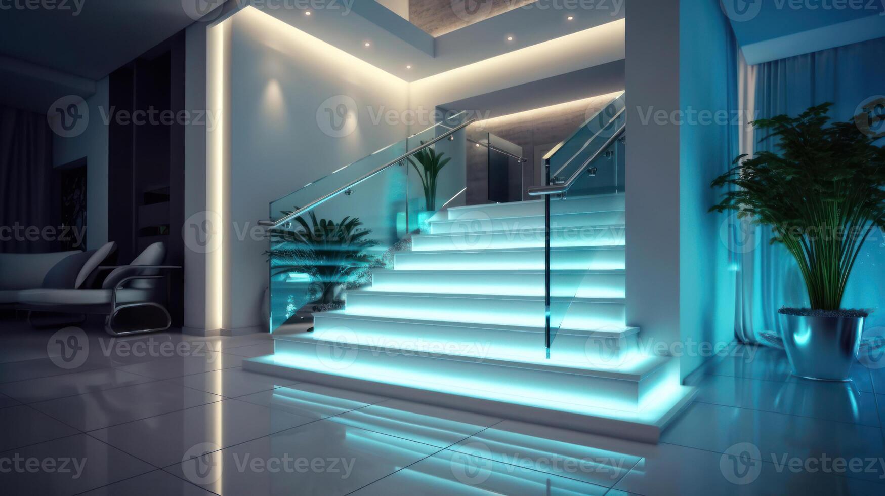 Treppe mit LED Beleuchtung im ein modern Innere. ai generiert. foto