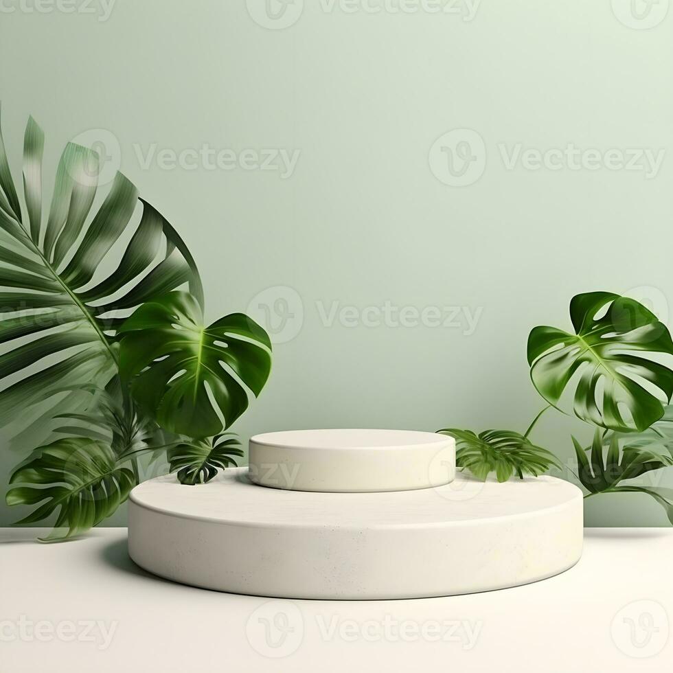 3d machen leeren Raum Weiß Podium mit Monstera Blatt Haus Pflanze Podium zum Produkt schießen. ai generativ Illustration. foto