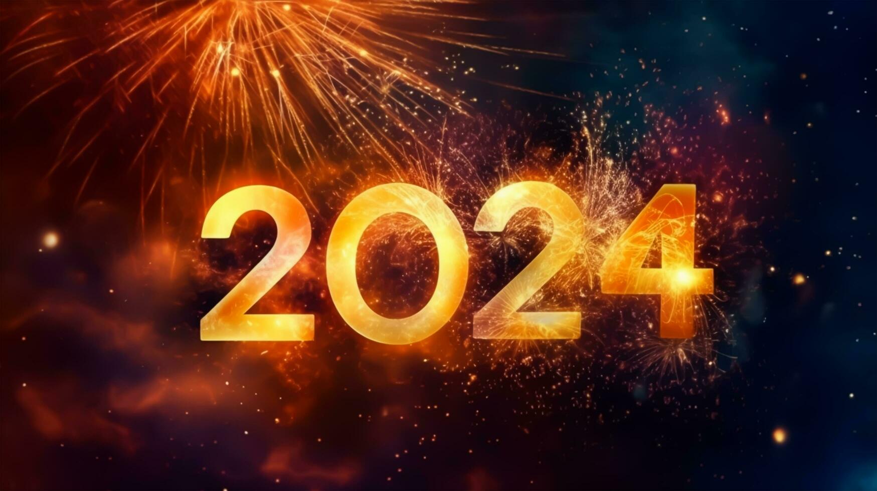 glücklich Neu Jahr 2024 Feier Hintergrund mit Feuerwerk foto