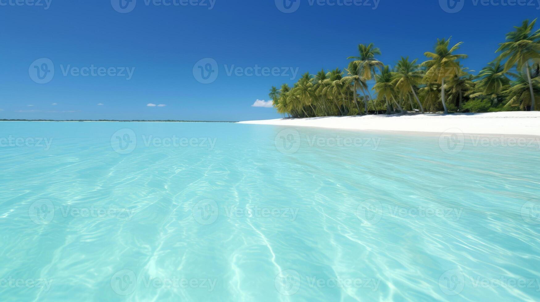 Illustration Bild, Strand Szene mit kristallklar Türkis Gewässer, pudrig Weiß Sand, Palme Blätter, funkelnd Wellen und Blau sonnig Himmel, mit Kopieren Raum, generativ ai Illustration foto