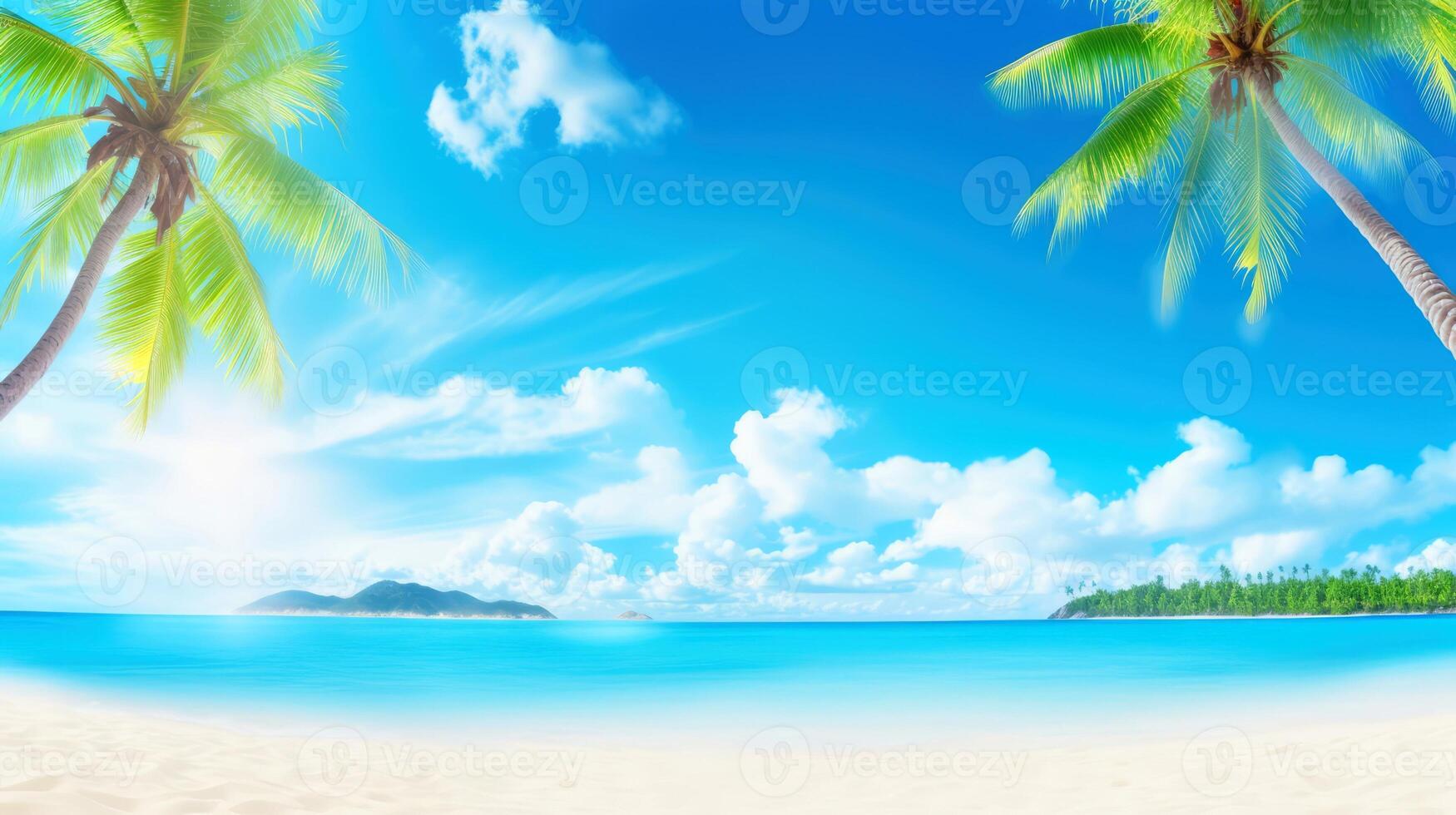 Illustration Bild, Strand Szene mit kristallklar Türkis Gewässer, pudrig Weiß Sand, Palme Blätter, funkelnd Wellen und Blau sonnig Himmel, mit Kopieren Raum, generativ ai Illustration foto