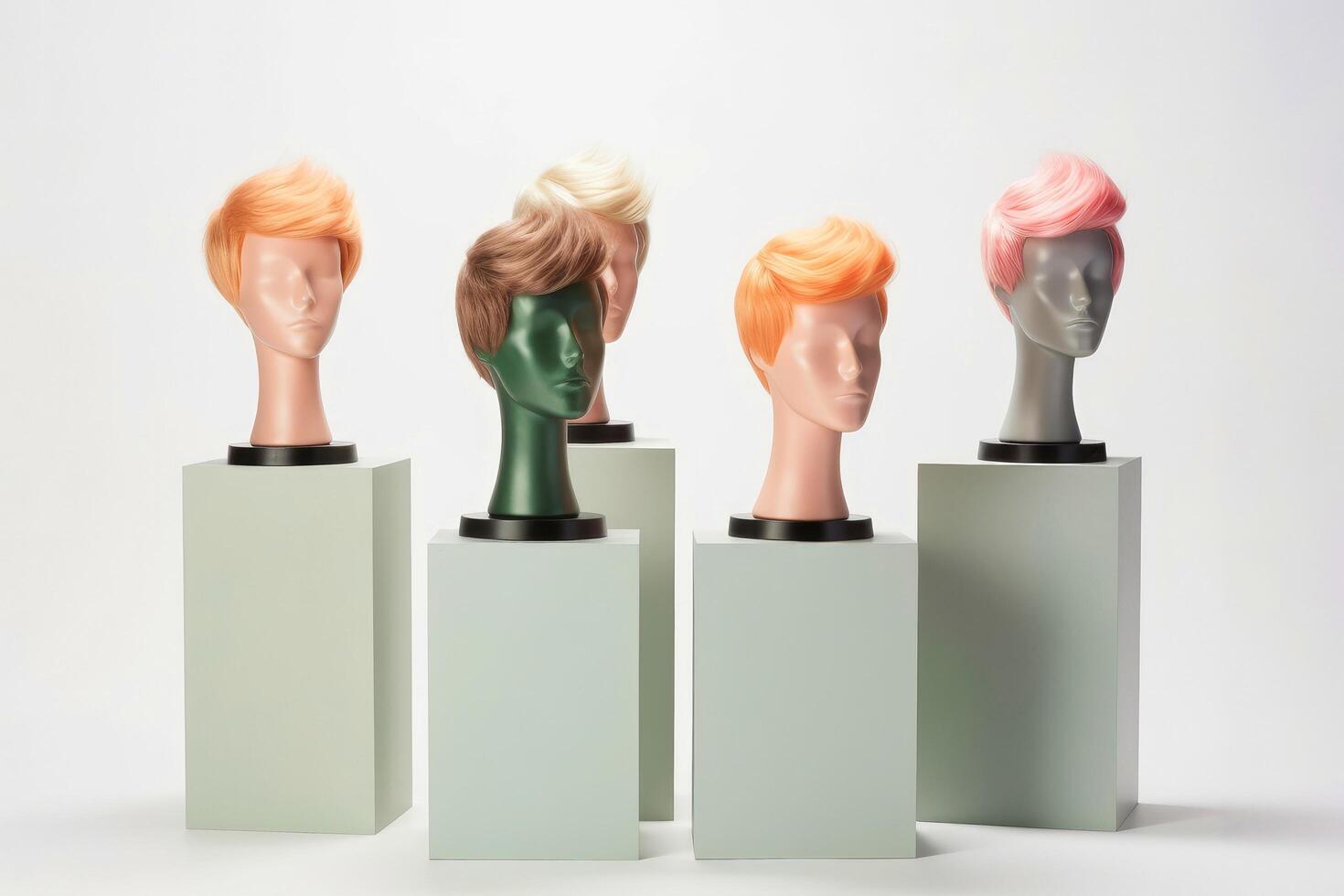 Haar Perücke Über das Plastik Mannequin Kopf isoliert Über das Weiß Hintergrund, Attrappe, Lehrmodell, Simulation mit zeitgenössisch Herren Frisuren, generativ ai Illustration foto