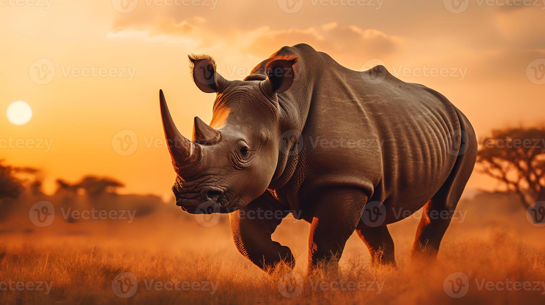 Foto von Nashorn auf Savanne beim Sonnenuntergang. generativ ai