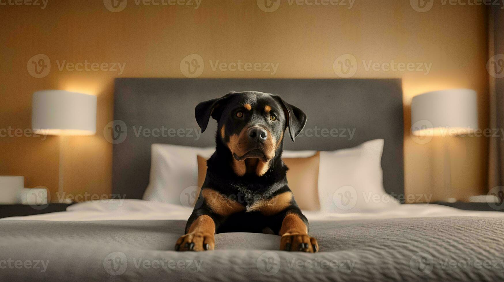 Rottweiler Hund Lügen auf Bett im Hotel mit zeitgenössisch Innere Design. generativ ai foto