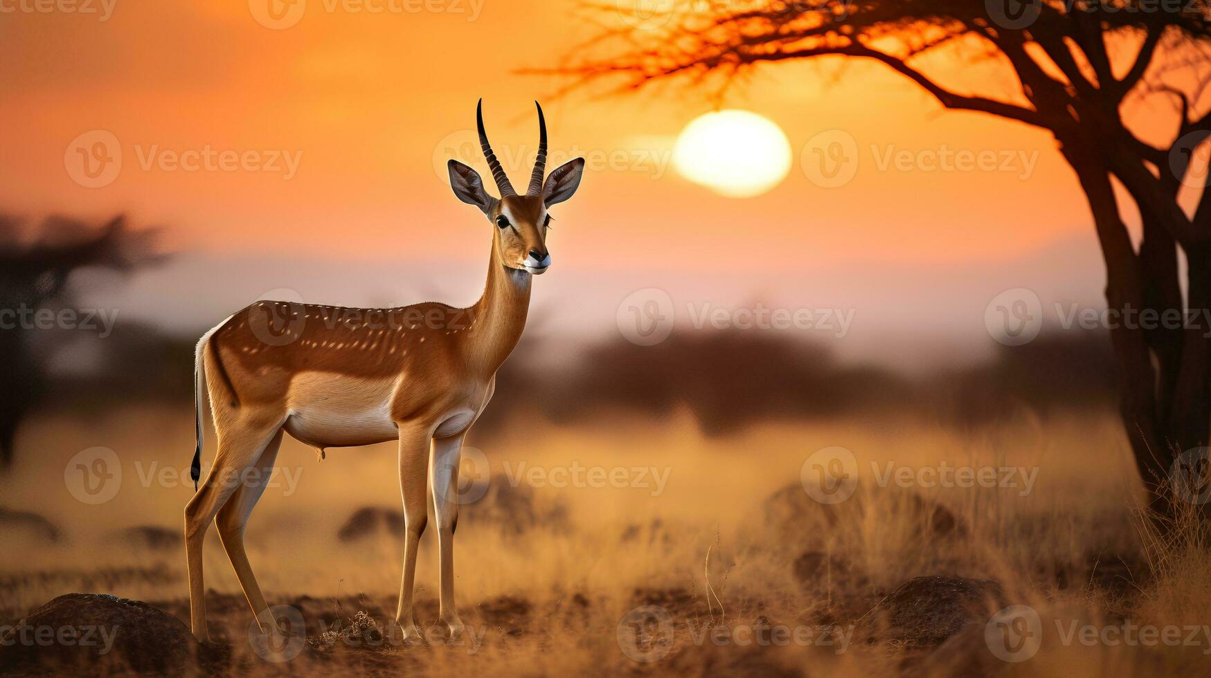 Foto von Thomas Gazelle auf Savanne beim Sonnenuntergang. generativ ai
