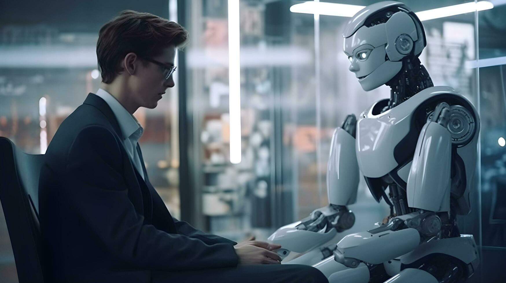 Person reden mit Humanoid ai Roboter. futuristisch Technologie oder Maschine Lernen Konzepte. generativ ai Technologie foto