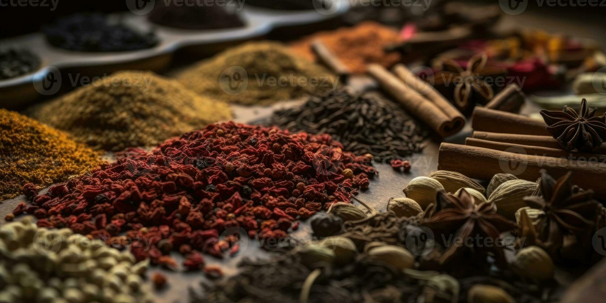 indisch Gewürze schließen hoch. Pfeffer, Kurkuma Thymian Paprika Kreuzkümmel. generativ ai foto