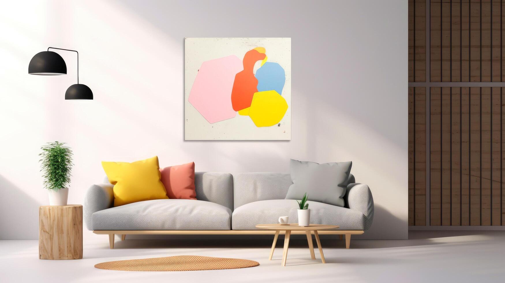 stilvoll Leben Zimmer Innere Design mit spotten oben Poster rahmen, kreativ Zuhause Zubehör. Zuhause Inszenierung. Kopieren Raum, generativ ai Illustration foto