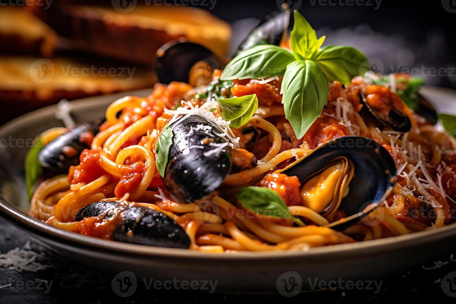 Mittelmeer Mahlzeit gekocht Pasta Spaghetti mit Schaltier. ai generativ foto