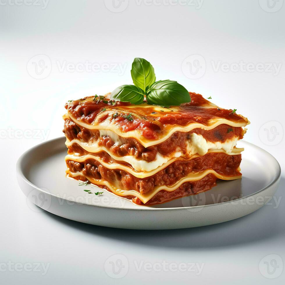 Essen Fotografie von Lasagne auf Teller isoliert auf Weiß Hintergrund. generativ ai foto