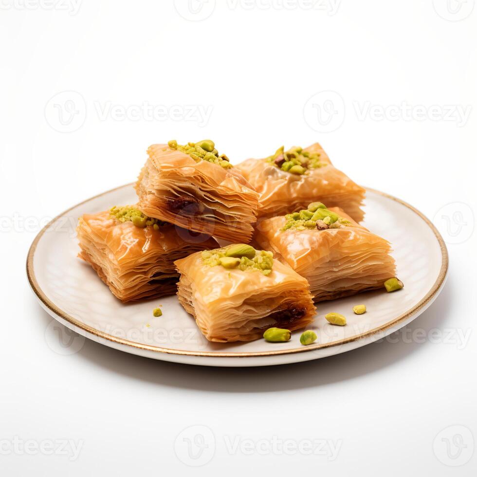 Foto von Baklava auf Teller isoliert auf Weiß Hintergrund. erstellt durch generativ ai