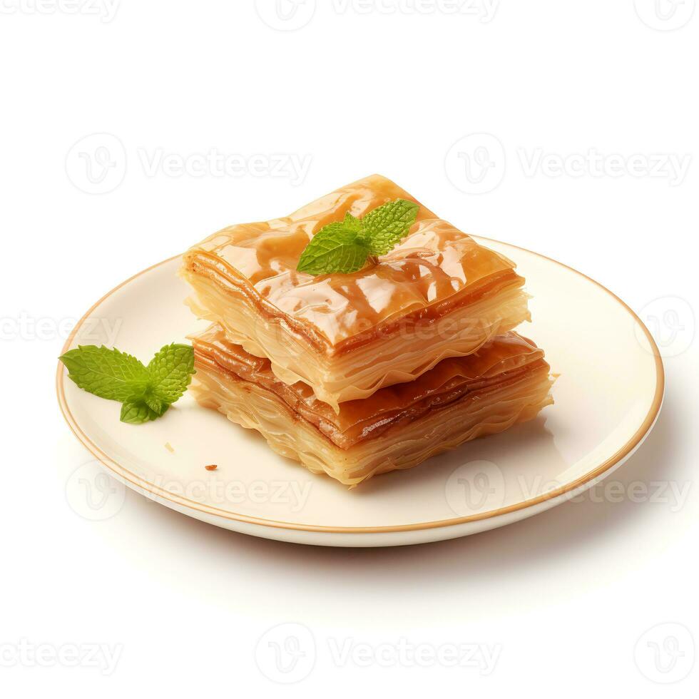 Foto von Baklava auf Teller isoliert auf Weiß Hintergrund. erstellt durch generativ ai